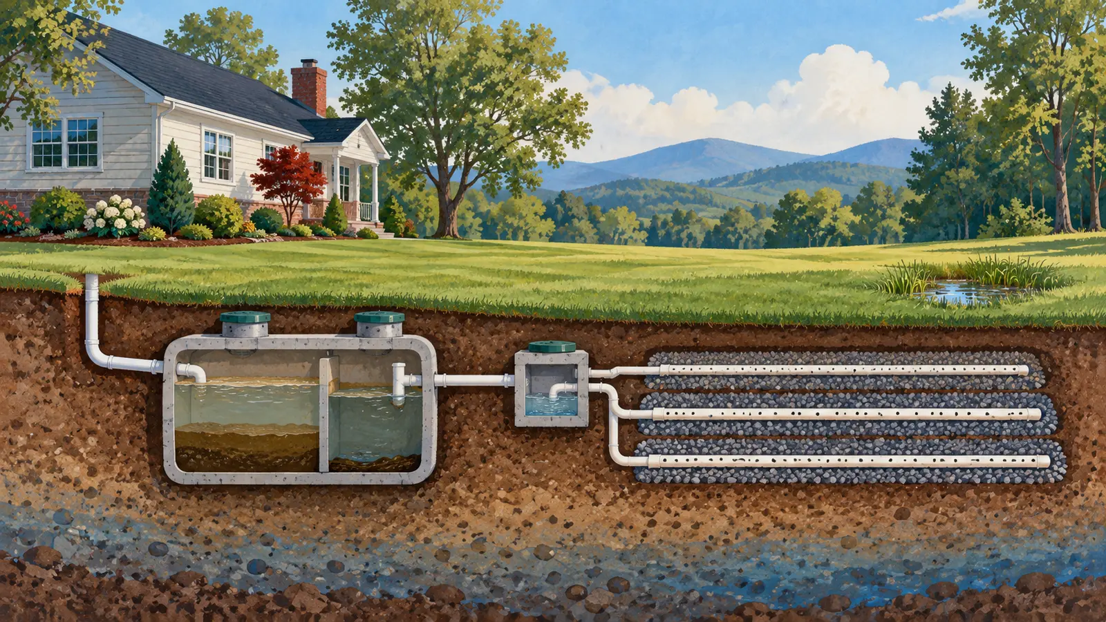 Yard cutaway showing a septic tank, distribution box and drainfield