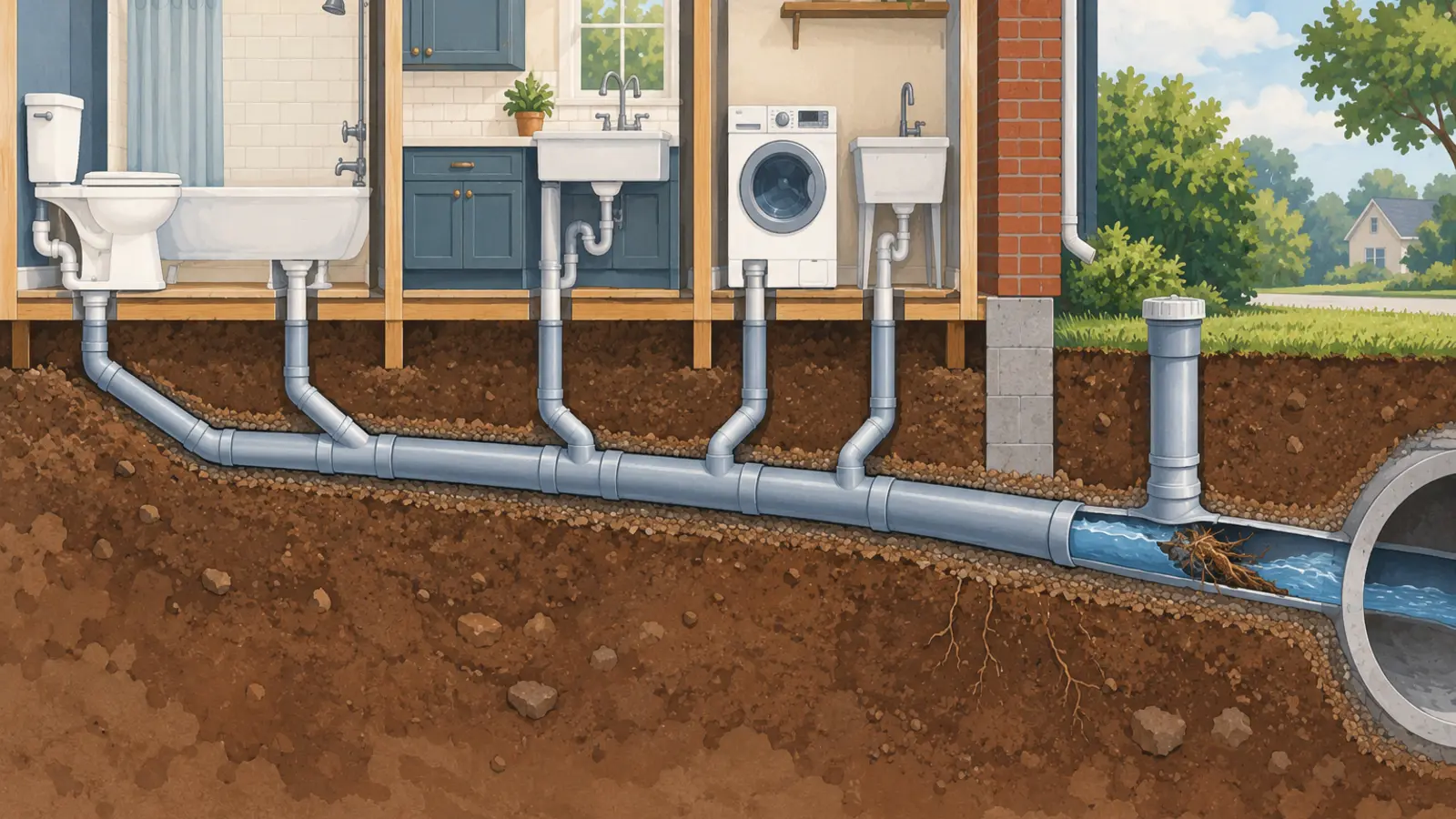 Home drain lines joining a private sewer lateral near an exterior cleanout