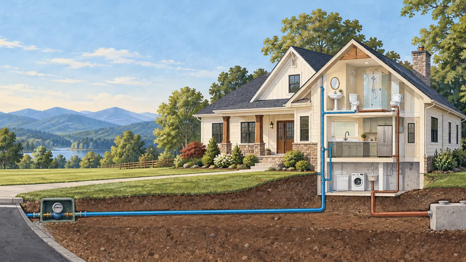 Illustrated Spartanburg County home showing public water entering and wastewater leaving the property