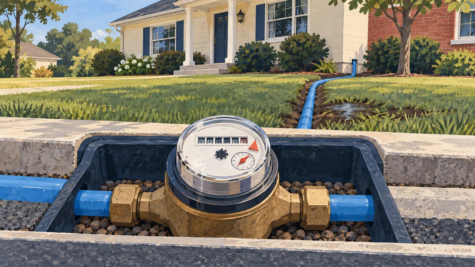 Residential water meter and private service line leading toward a home