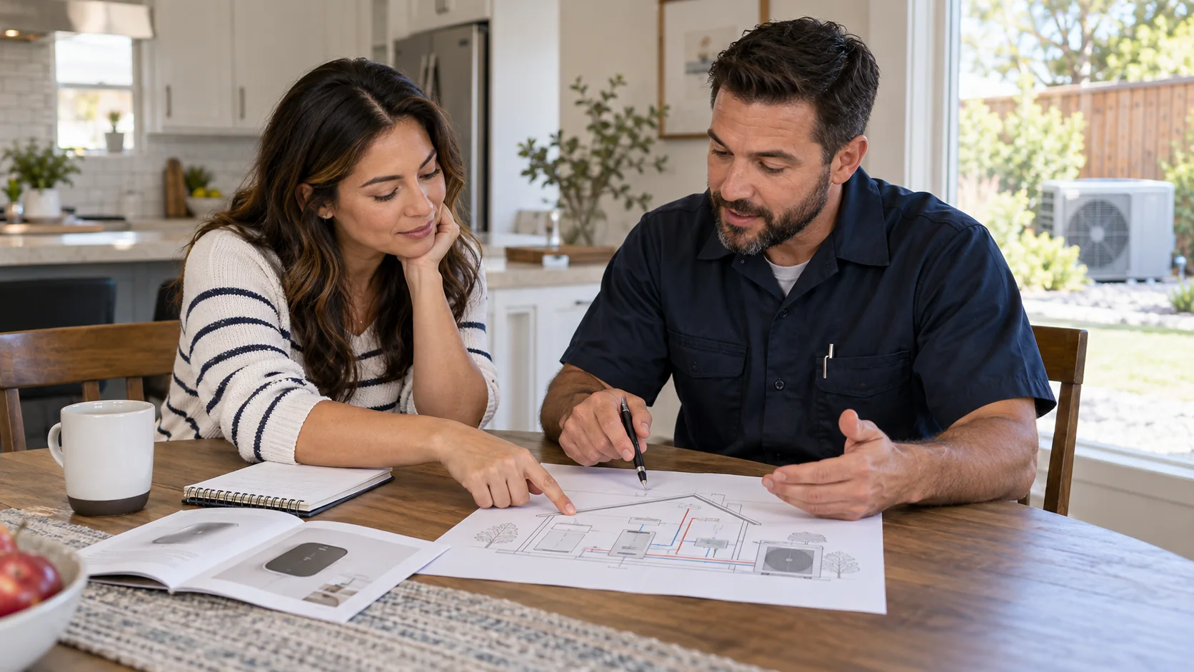 Homeowner and HVAC technician reviewing a home system sketch