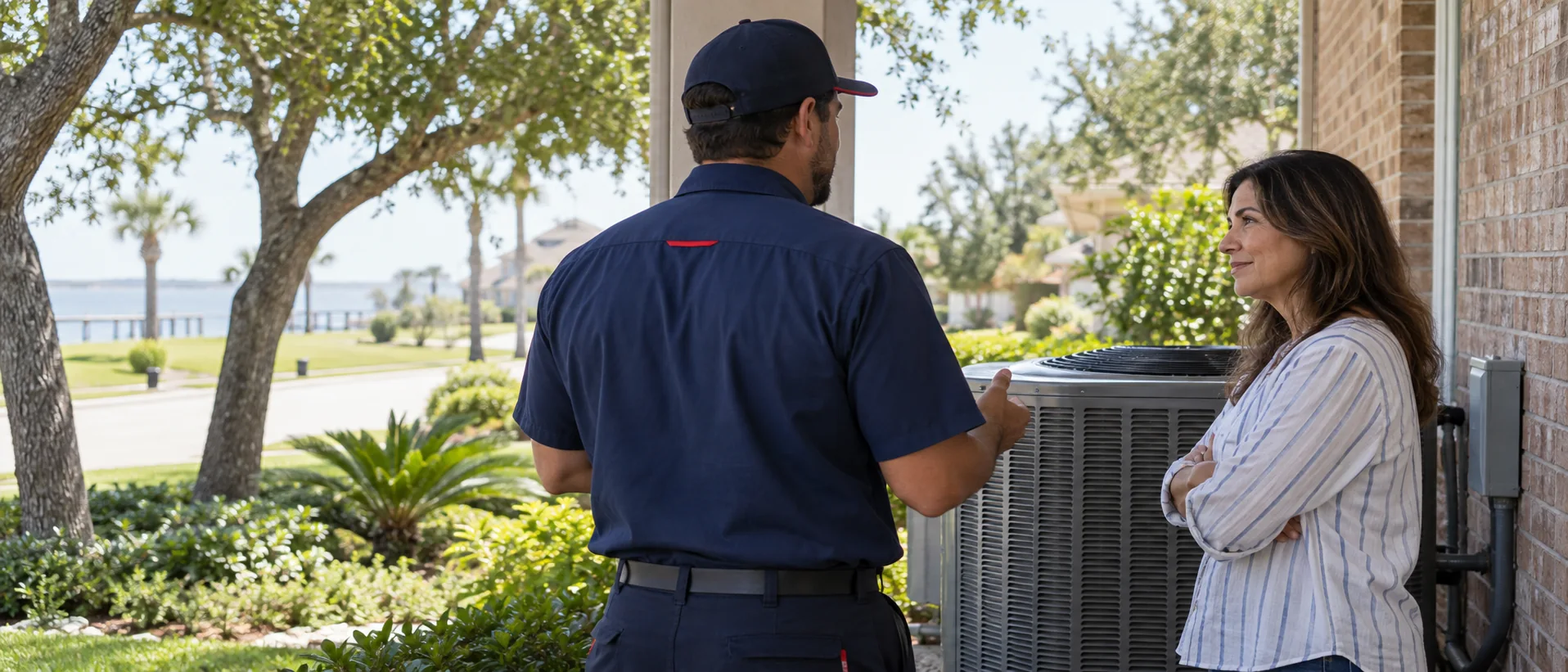 Homeowner discussing an outdoor AC unit with an HVAC technician