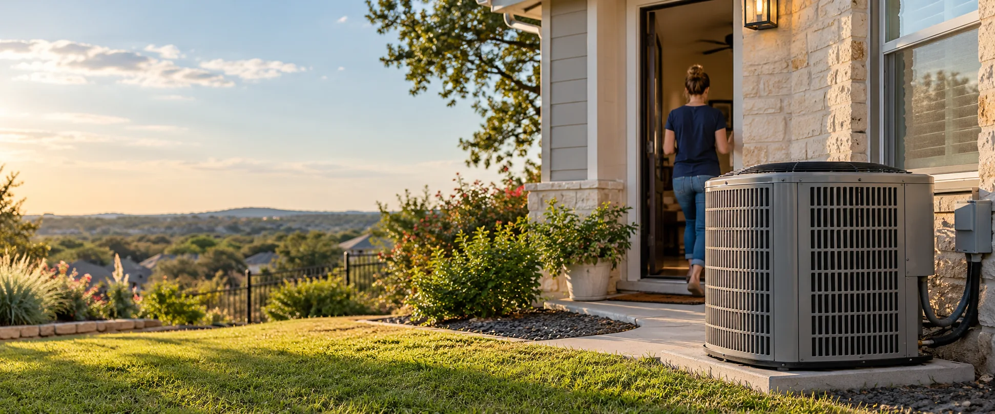 Texas home and outdoor cooling unit at the transition from day to evening