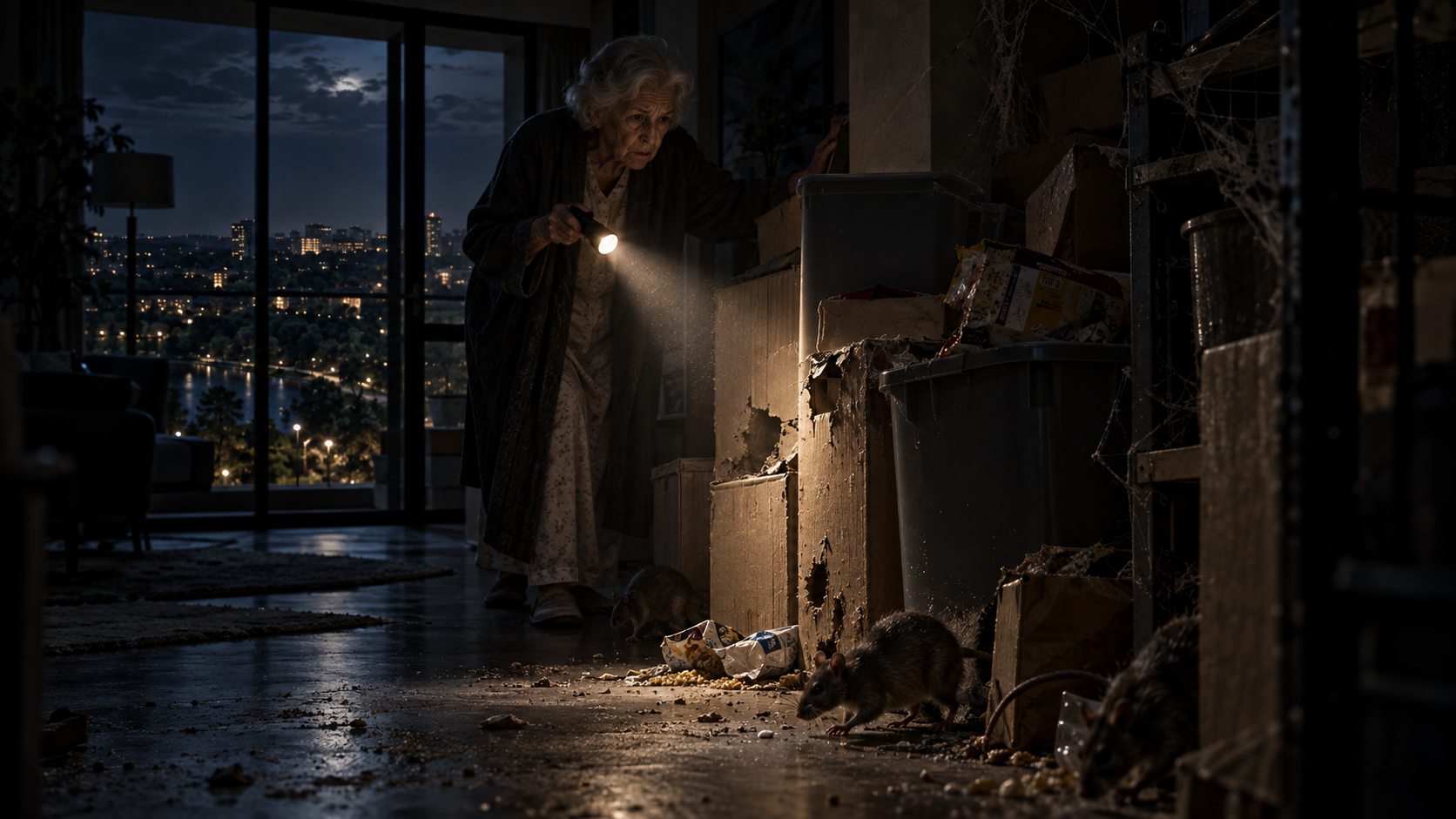 Elderly woman investigating rats in a dark apartment after hearing scratching in the walls