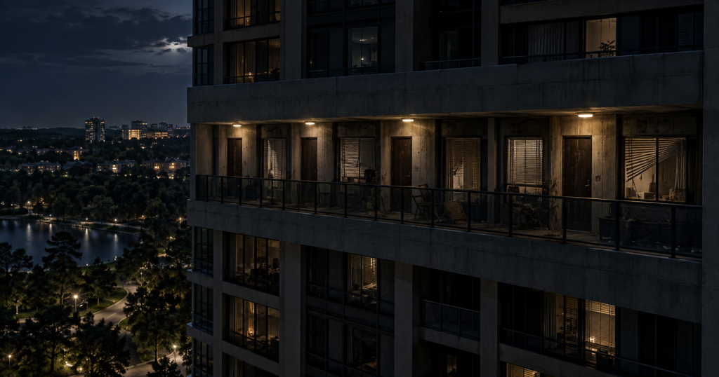 Night apartment building representing the 17th-floor mystery in Grogan's Mill