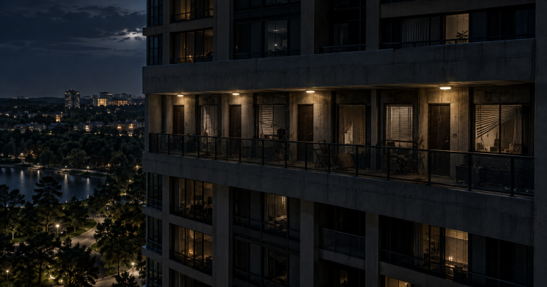 Night apartment building representing the 17th-floor mystery in Grogan's Mill