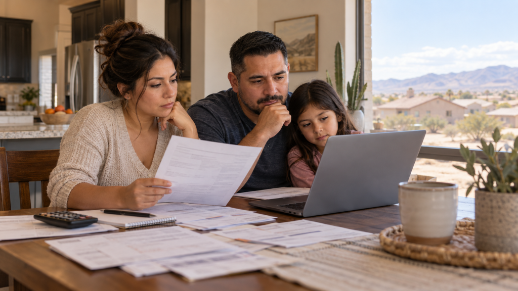 Horizon City family reviewing household bills and assistance information at a dining table