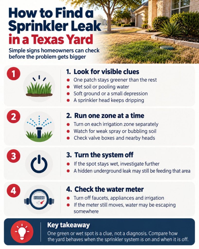 Infographic showing four steps to find a sprinkler leak in a Texas yard