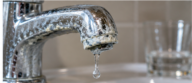 Close-up of limescale buildup on a household faucet