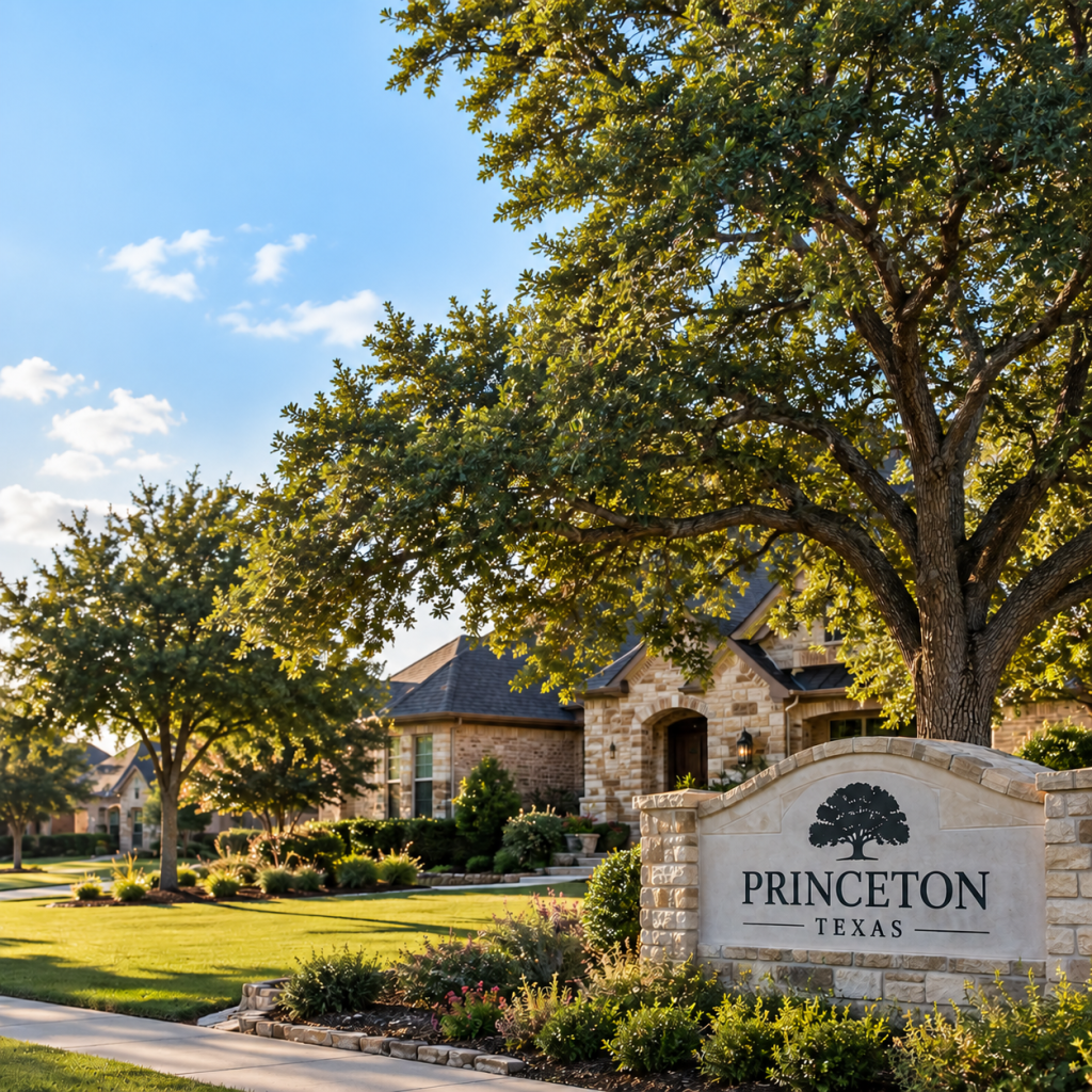 Mature oak tree beside a landscaped Princeton Texas neighborhood entrance