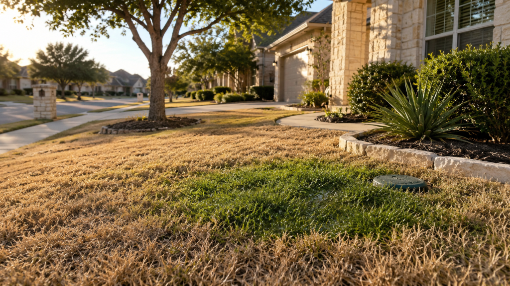 Texas suburban yard with one unusually green wet patch surrounded by drier grass
