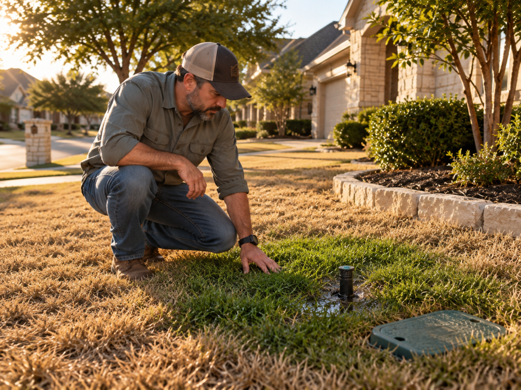 Homeowner inspecting a suspicious wet green patch beside a lawn sprinkler in a Texas yard