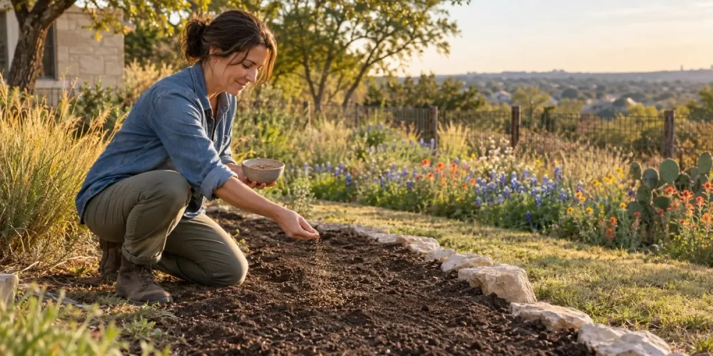 Texas homeowner scattering wildflower seeds over prepared garden soil in warm autumn light