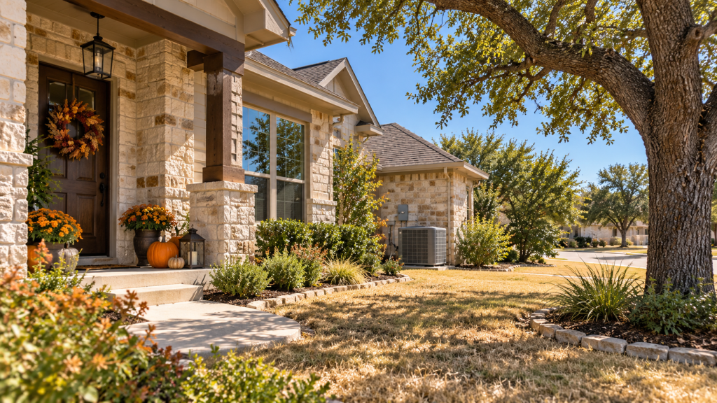 Texas suburban home with fall porch decorations, dry lawn and outdoor air conditioner under bright late-September sun