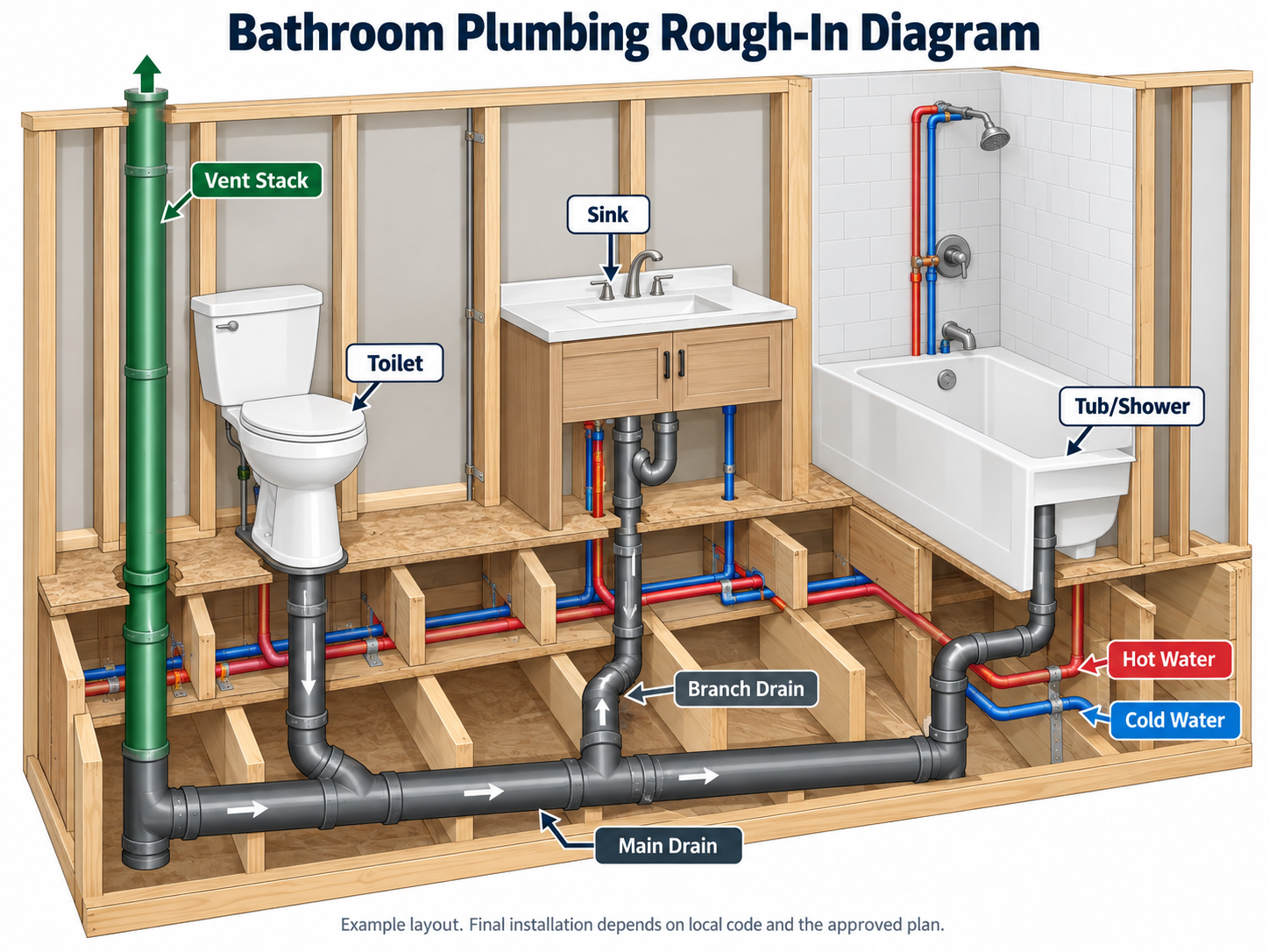 Bathroom plumbing rough-in diagram showing toilet, sink, tub shower, branch drains, main drain, vent stack and hot and cold water lines
