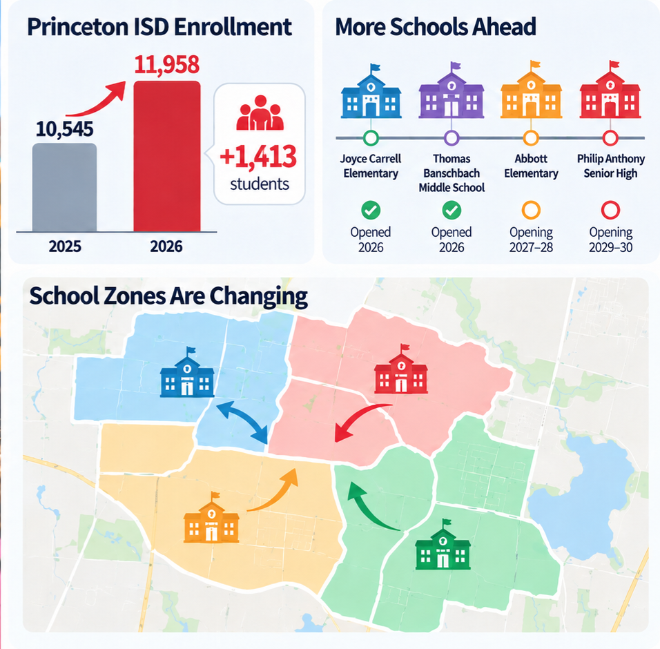 Diagram summarizing Princeton ISD enrollment growth, new schools and changing attendance zones