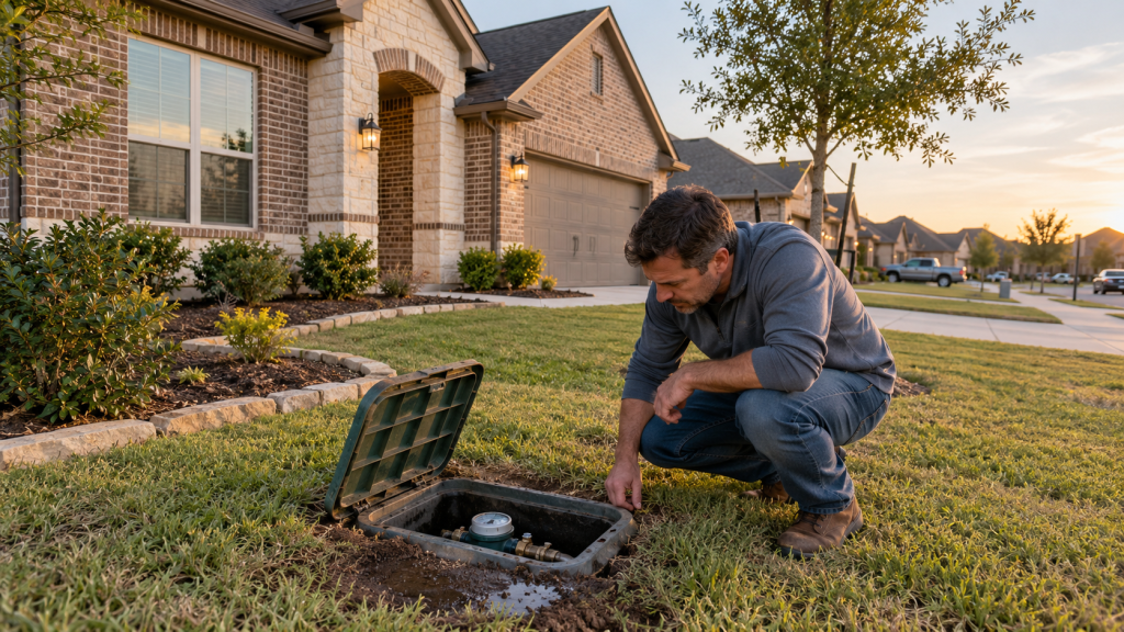 Homeowner checking a water meter outside a newer Princeton, Texas home