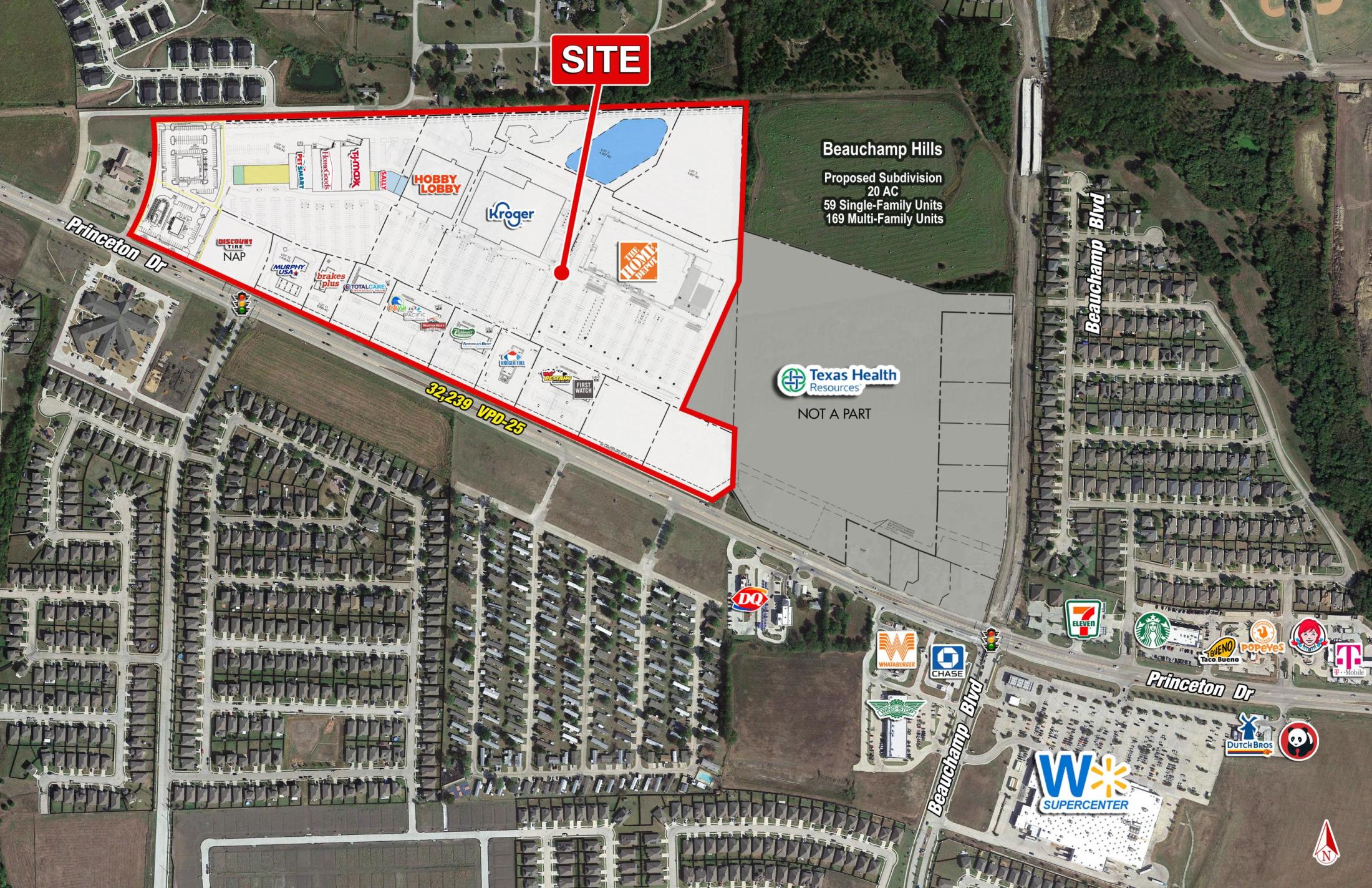Developer site plan and aerial view showing Princeton Town Center near US 380 and Beauchamp Boulevard