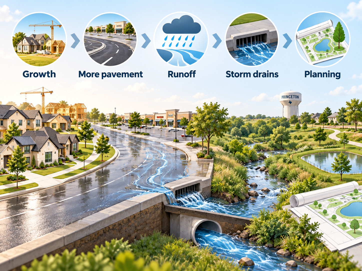Infographic showing growth, more pavement, runoff, storm drains and drainage planning in Princeton Texas