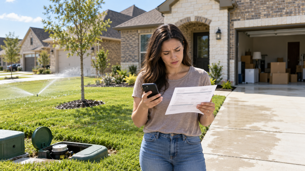 New Princeton, Texas homeowner reviewing a utility bill beside an active sprinkler system