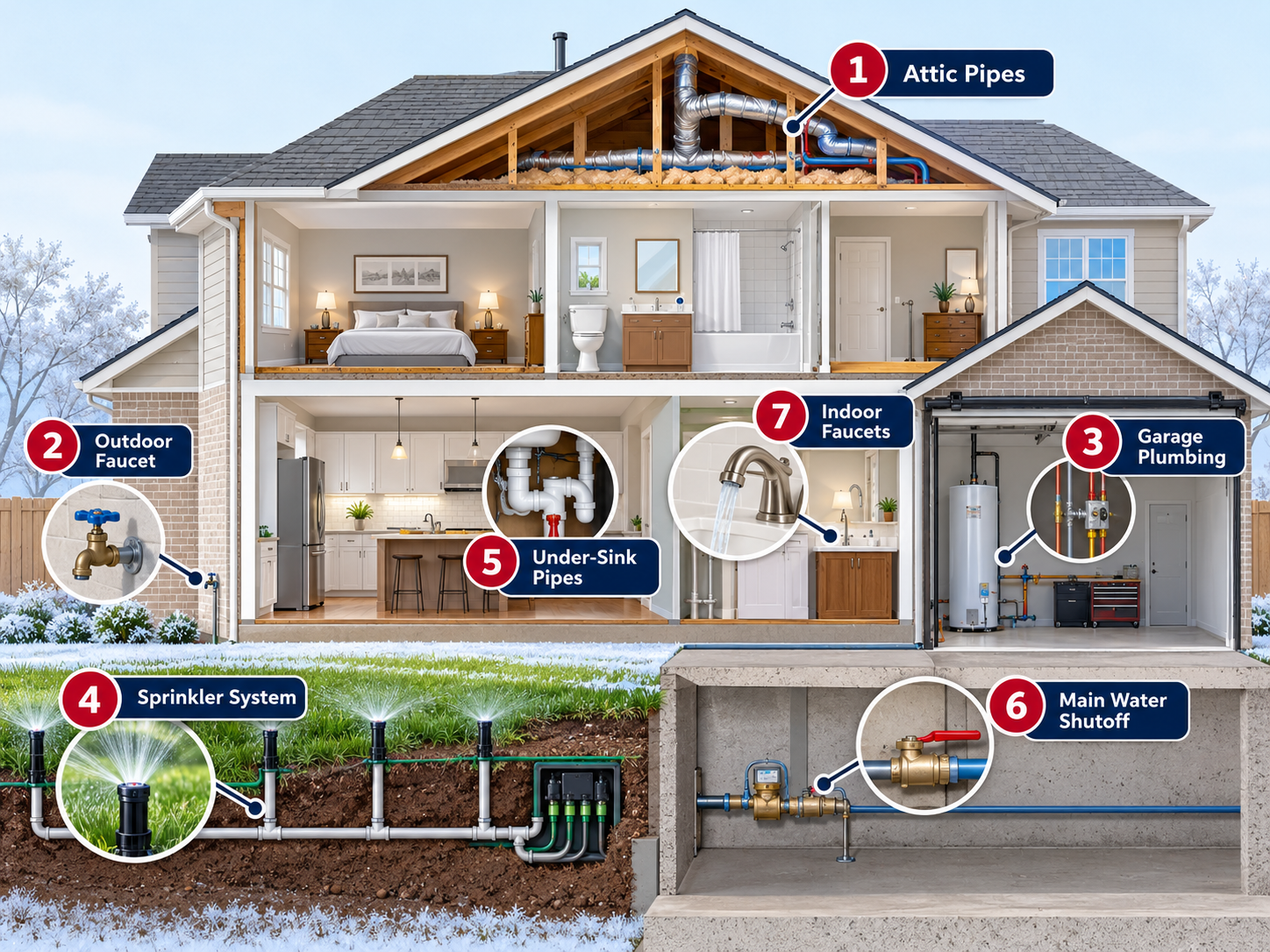Texas home cutaway showing seven plumbing areas to check before a freeze