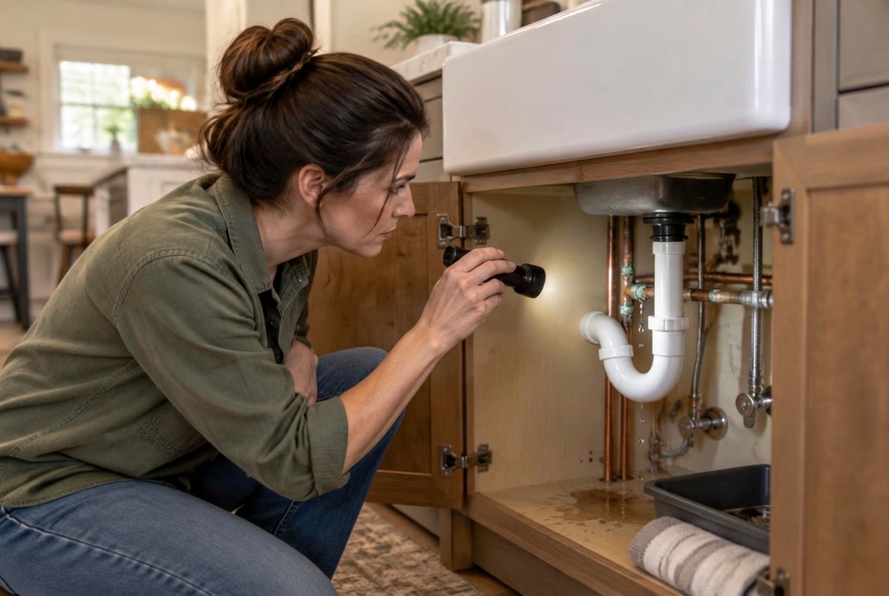 Homeowner inspecting under-sink plumbing with a flashlight