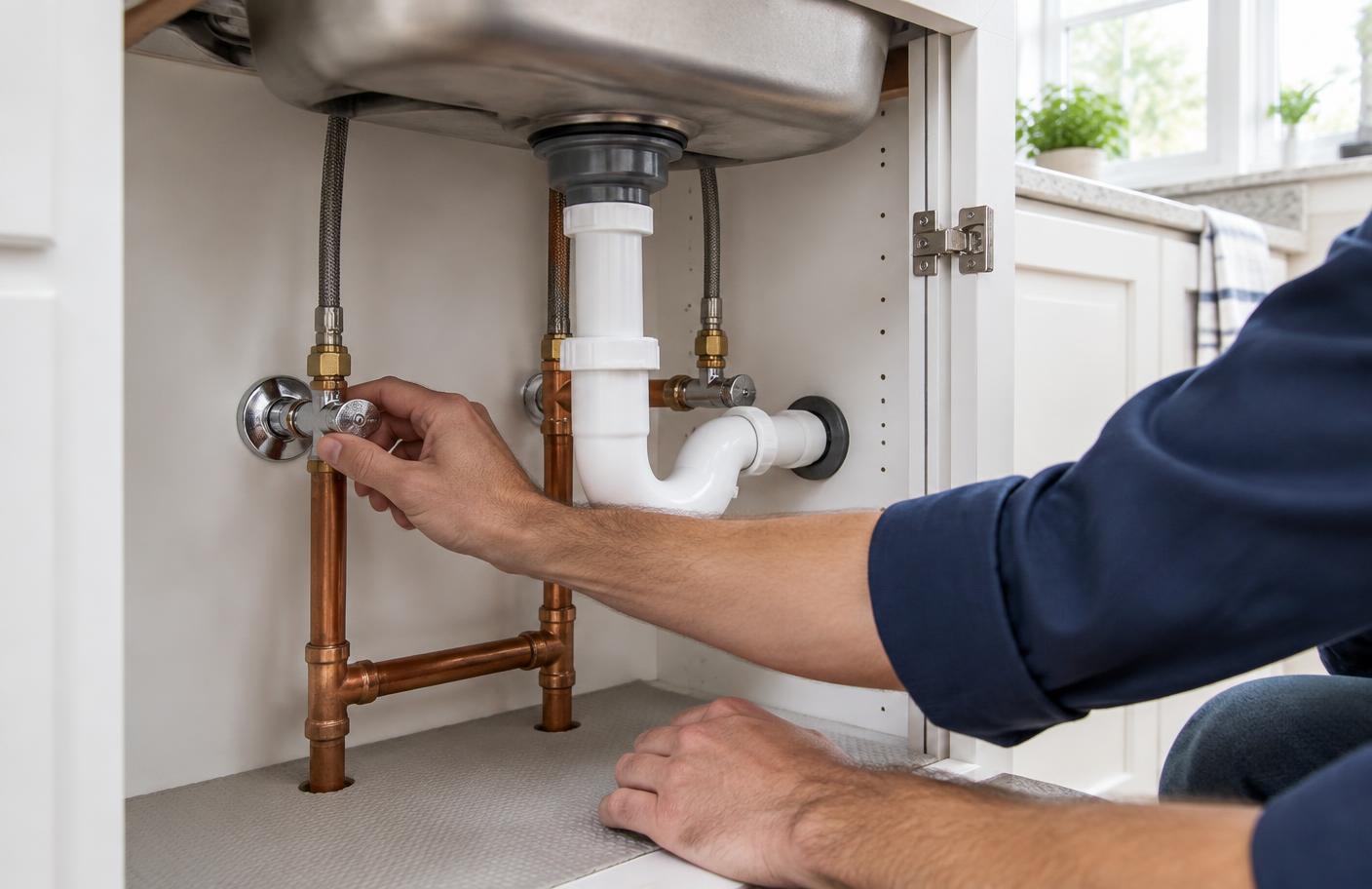 Homeowner checking the plumbing beneath a kitchen sink
