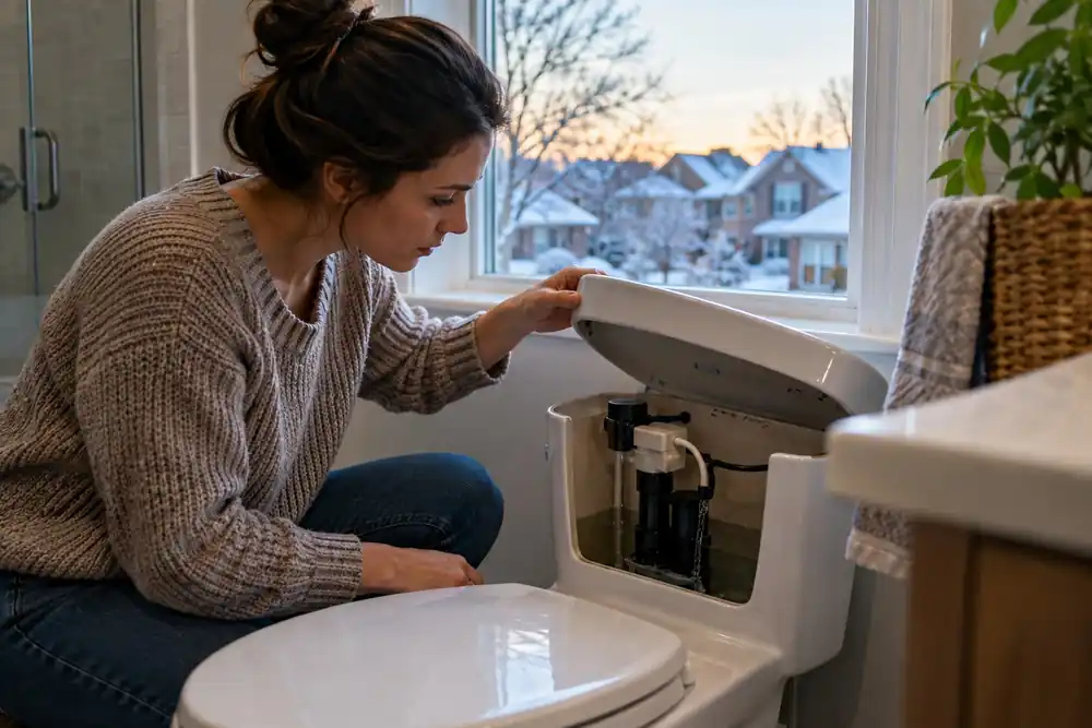 Homeowner checking a toilet tank and under-sink supply lines in a Texas home during winter