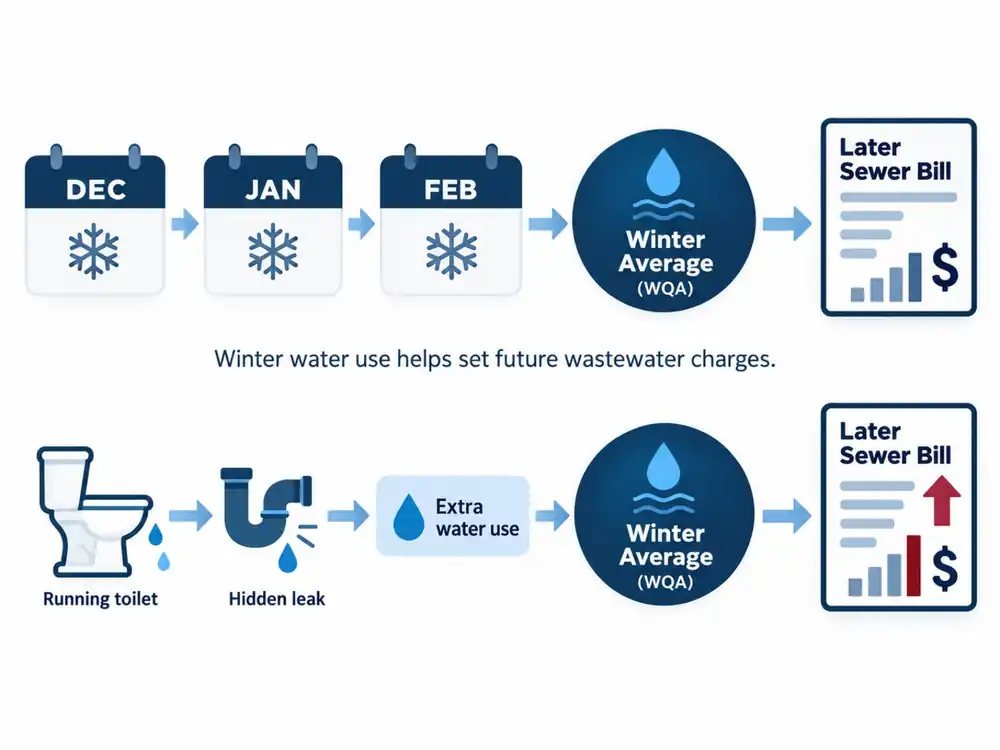 Diagram showing December, January and February water use feeding Princeton’s Winter Quarter Average, which is then used for later sewer billing